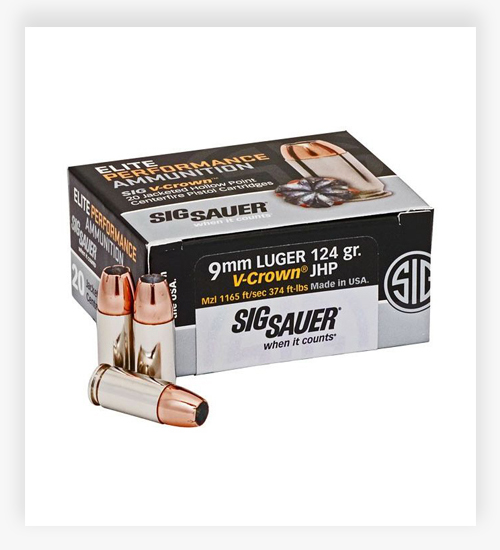 Sig Sauer Elite V-Crown Luger 124 Grain JHP Brass-Cased 9mm Ammo