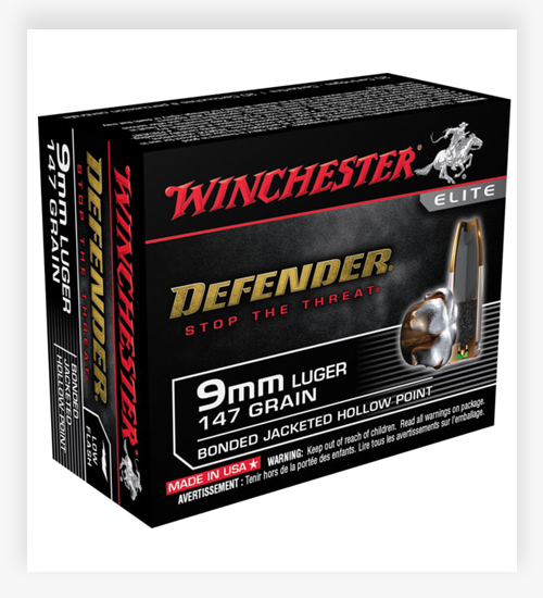 Winchester DEFENDER HANDGUN Luger 147 grain Bonded JHP Brass Cased 9mm Ammo