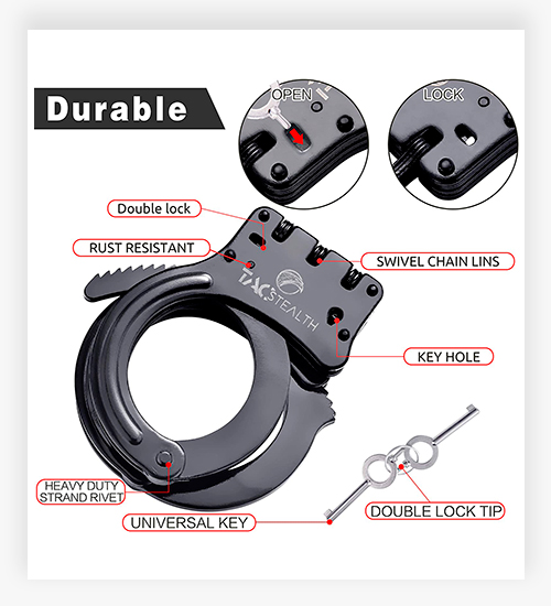 TacStealth Double Lock Hinged Police Handcuffs with Two Keys & Handcuffs Case